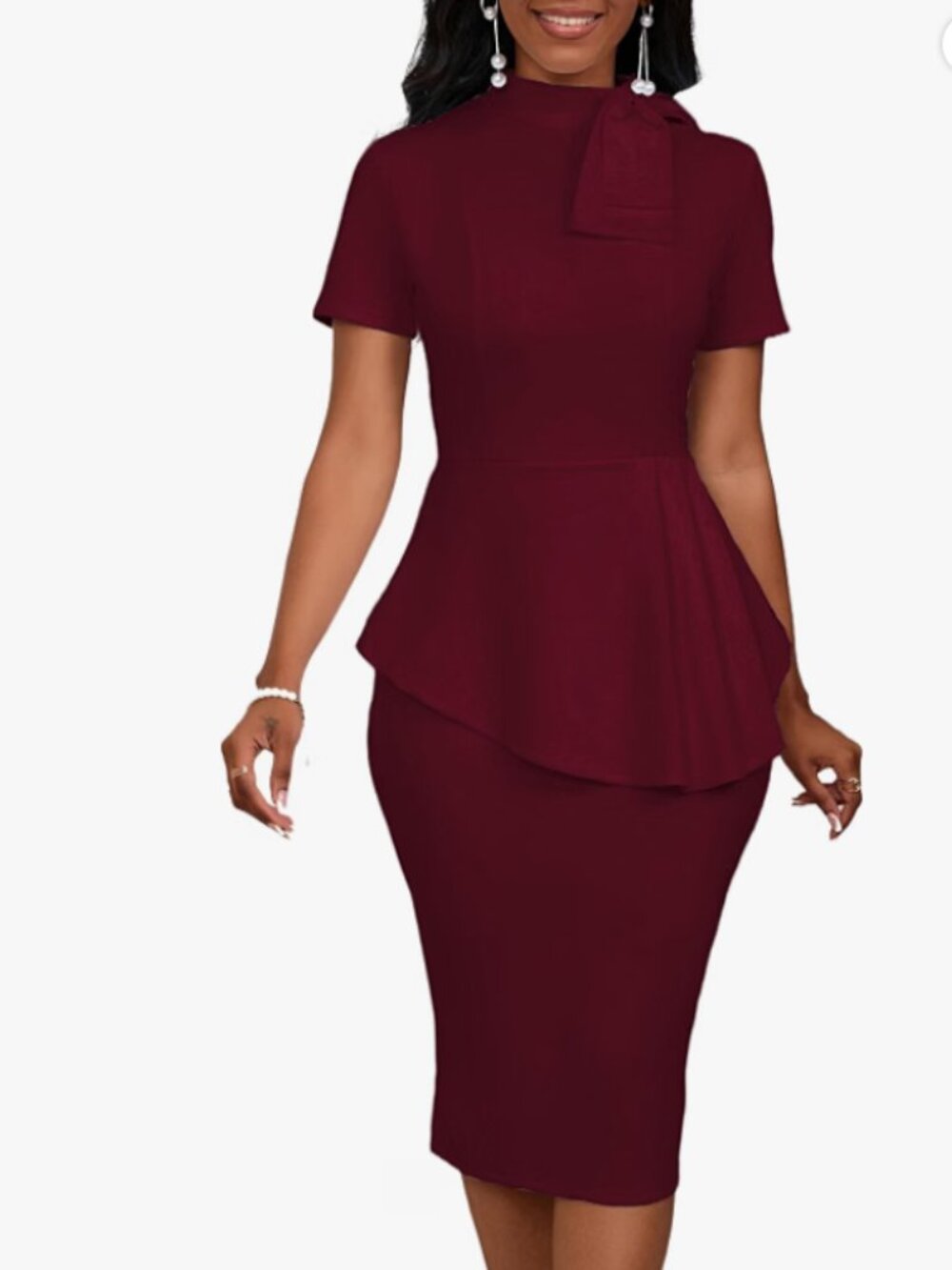 Per Zeal Womens Bow Tie Neck Peplum Bodycon Short Sleeve Midi Dress